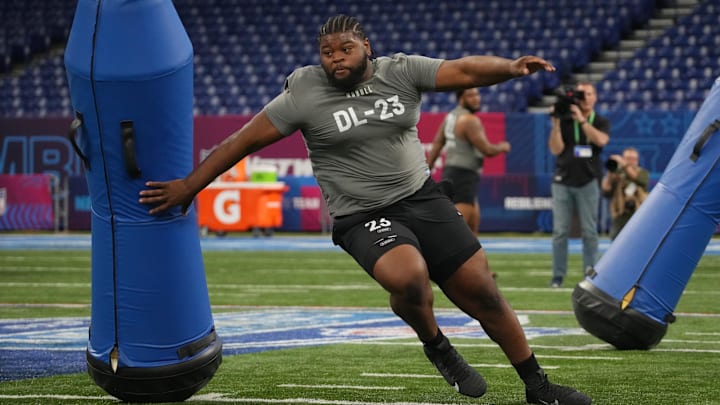 Auburn defensive lineman Justin Rogers works out during the 2024 NFL Combine.