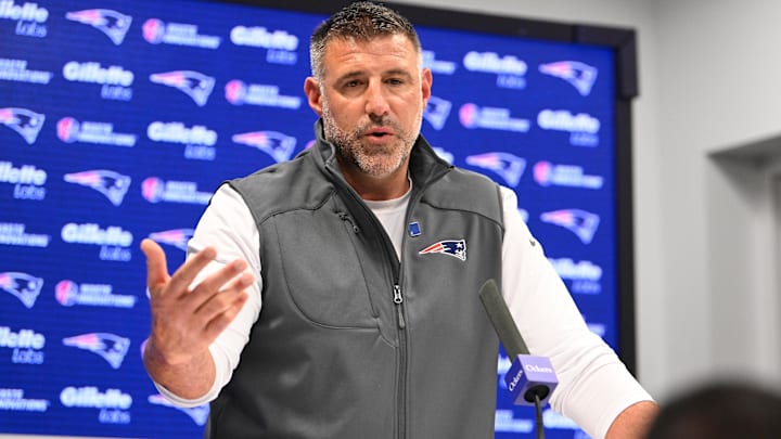 May 9, 2025; Foxborough, MA, USA;  New England Patriots head coach Mike Vrabel speaks the to media during a press conference at Gillette Stadium. Mandatory Credit: Eric Canha-Imagn Images