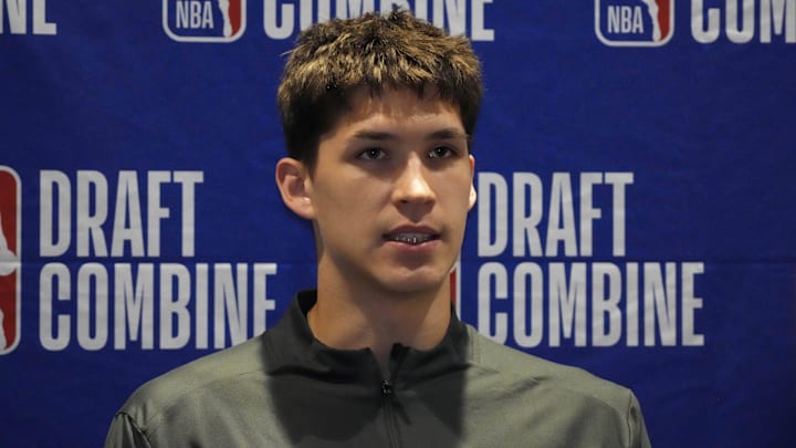 May 14, 2025; Chicago, Il, USA; Egor Demin talks to the media during the 2025 NBA Draft Combine at Marriott Marquis Chicago. Mandatory Credit: David Banks-Imagn Images
