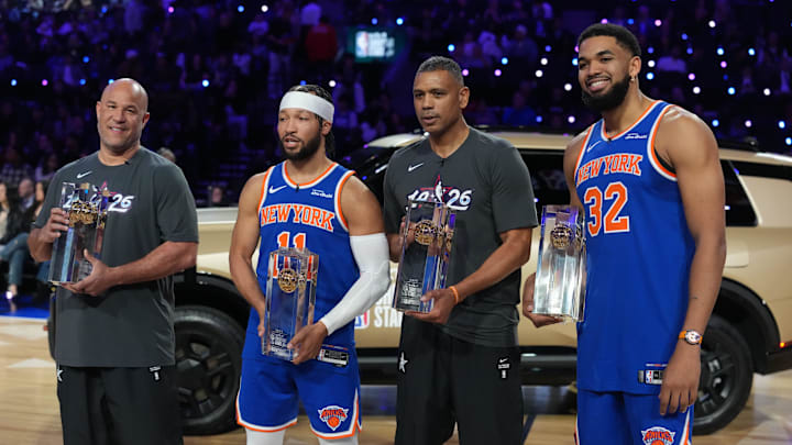 Team Knicks guard Jalen Brunson, center Karl-Anthony Towns and NBA legend Allan Houston celebrate after winning the Shooting Stars competition during the 2026 NBA All-Star Saturday Night. Team Knicks guard Jalen Brunson, center Karl-Anthony Towns and NBA legend Allan Houston celebrate after winning the Shooting Stars competition during the 2026 NBA All-Star Saturday Night.