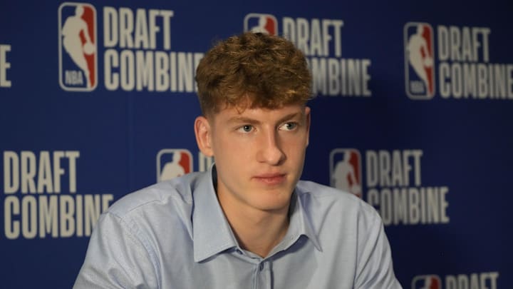 May 14, 2025; Chicago, Il, USA; Kasparas Jakucionis talks to the media during the 2025 NBA Draft Combine at Marriott Marquis Chicago. Mandatory Credit: David Banks-Imagn Images May 14, 2025; Chicago, Il, USA; Kasparas Jakucionis talks to the media during the 2025 NBA Draft Combine at Marriott Marquis Chicago. Mandatory Credit: David Banks-Imagn Images