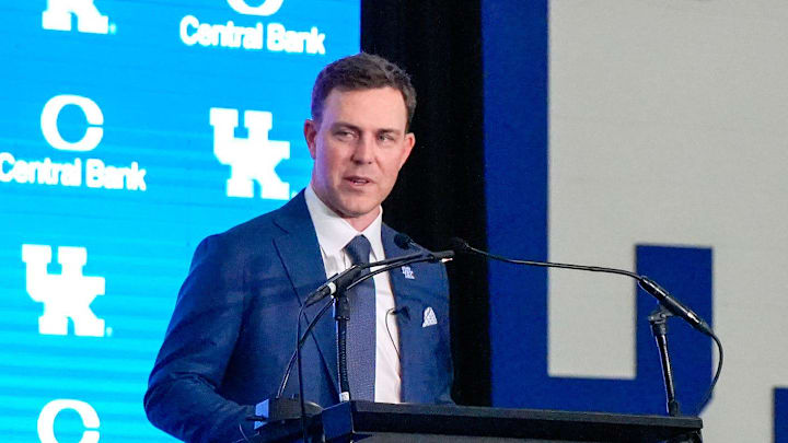 New Kentucky Wildcat head coach Will Stein makes remarks as he is introduced at Kentucky on Wednesday, December 3, 2025
