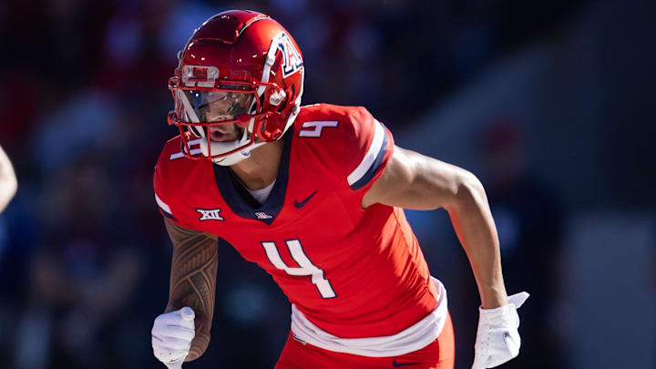 Nov 30, 2024; Tucson, Arizona, USA; Arizona Wildcats wide receiver Tetairoa McMillan (4) against the Arizona State Sun Devils during the Territorial Cup at Arizona Stadium. Mandatory Credit: Mark J. Rebilas-Imagn Images Nov 30, 2024; Tucson, Arizona, USA; Arizona Wildcats wide receiver Tetairoa McMillan (4) against the Arizona State Sun Devils during the Territorial Cup at Arizona Stadium. Mandatory Credit: Mark J. Rebilas-Imagn Images