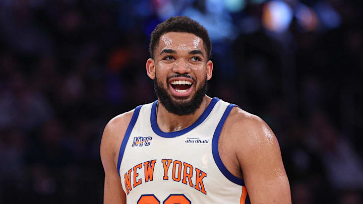 Mar 22, 2026; New York, New York, USA; New York Knicks center Karl-Anthony Towns (32) reacts during the first half against the Washington Wizards at Madison Square Garden. Mandatory Credit: Vincent Carchietta-Imagn Images