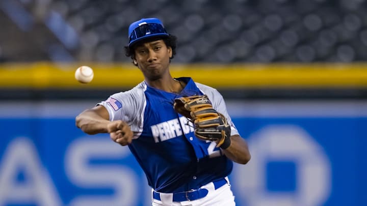 Aug 28, 2022; Phoenix, Arizona, US; East infielder Arjun Nimmala (22) during the Perfect Game All-American Classic high school baseball game at Chase Field.