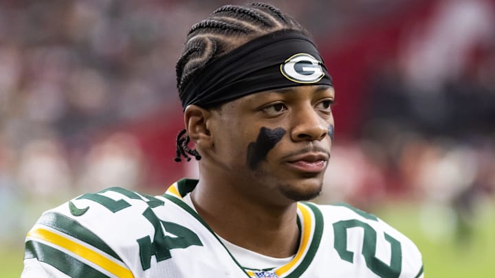 Oct 19, 2025; Glendale, Arizona, USA; Green Bay Packers cornerback Carrington Valentine (24) against the Arizona Cardinals at State Farm Stadium. Mandatory Credit: Mark J. Rebilas-Imagn Images