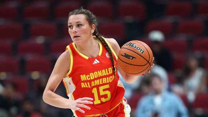 Mar 31, 2026; Glendale, AZ, USA; Kate Harpring (15) during the McDonalds All American Girls Game at Desert Diamond Arena. Mandatory Credit: Mark J. Rebilas-Imagn Images