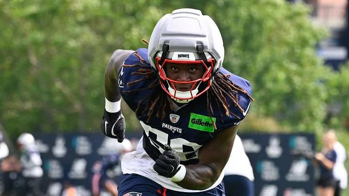 Jul 28, 2026; Foxborough, MA, USA; New England Patriots linebacker Xavier Holmes (58) does a drill during training camp at Gillette Stadium. Mandatory Credit: Eric Canha-Imagn Images Jul 28, 2026; Foxborough, MA, USA; New England Patriots linebacker Xavier Holmes (58) does a drill during training camp at Gillette Stadium. Mandatory Credit: Eric Canha-Imagn Images