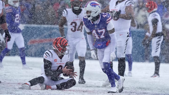 Buffalo Bills cornerback Christian Benford celebrates sacking Cincinnati Bengals quarterback Joe Burrow during first half action at Highmark Stadium in Orchard Park on Dec. 7, 2025. Buffalo Bills cornerback Christian Benford celebrates sacking Cincinnati Bengals quarterback Joe Burrow during first half action at Highmark Stadium in Orchard Park on Dec. 7, 2025.