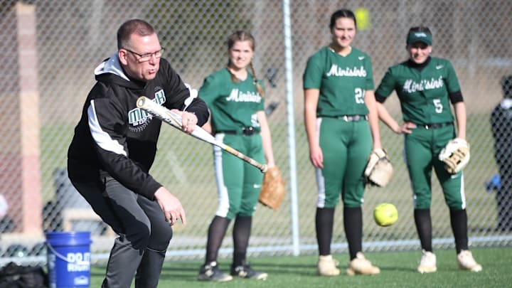 Minisink Valley softball head coach Bruce Guyette during warmups before a game versus Monroe-Woodbury in 2023.