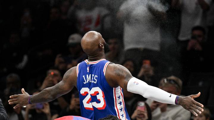 Philadelphia 76ers forward LeBron James (23) tosses powder into the air before the start of the game against the Brooklyn Nets at Barclays Center on Oct. 8, 2026. Philadelphia 76ers forward LeBron James (23) tosses powder into the air before the start of the game against the Brooklyn Nets at Barclays Center on Oct. 8, 2026.