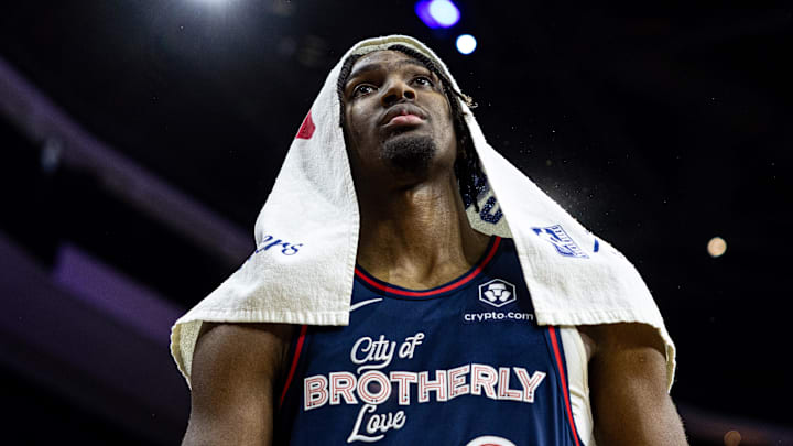 Dec 20, 2023; Philadelphia, Pennsylvania, USA; Philadelphia 76ers guard Tyrese Maxey (0) looks on after a victory against the Minnesota Timberwolves at Wells Fargo Center. Mandatory Credit: Bill Streicher-Imagn Images Dec 20, 2023; Philadelphia, Pennsylvania, USA; Philadelphia 76ers guard Tyrese Maxey (0) looks on after a victory against the Minnesota Timberwolves at Wells Fargo Center. Mandatory Credit: Bill Streicher-Imagn Images