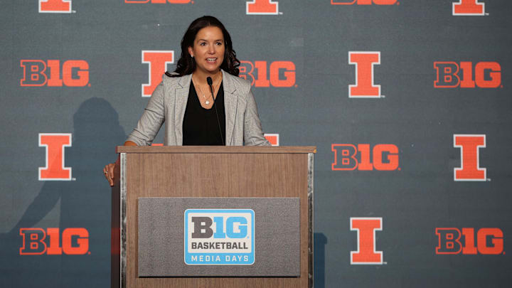 Oct 11, 2022; Minneapolis, Minnesota, US; Illinois women's head coach Shauna Green speaks to the media during the Big Ten media days at Target Center. 