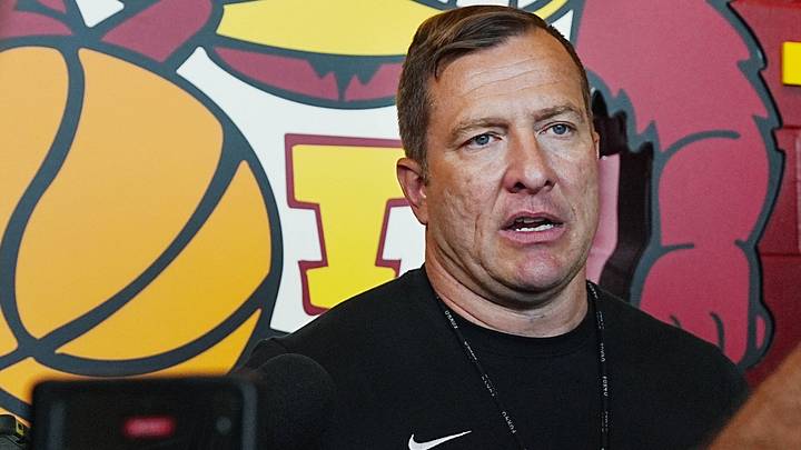 Iowa State’s men’s basketball head coach T.J. Otzelberger talks to media during the men’s basketball media availability at the university’s Sukup Basketball complex on July 28, 2026, in Ames, Iowa