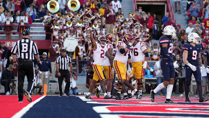 Oct 29, 2022; Tucson, Arizona, USA; USC Trojans wide receiver Brenden Rice (2) celebrates with teammates.