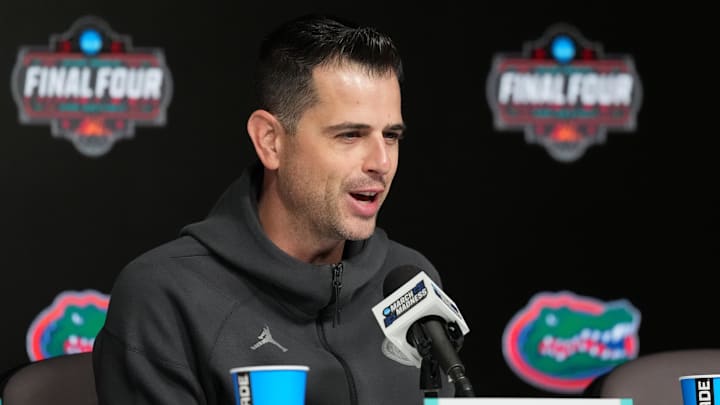 Apr 6, 2025; San Antonio, TX, USA; Florida Gators head coach Todd Golden speaks to the media during a press conference for the men's 2025 NCAA tournament at Alamodome. Mandatory Credit: Bob Donnan-Imagn Images