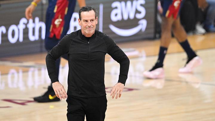 May 25, 2026; Cleveland, Ohio, USA; Cleveland Cavaliers head coach Kenny Atkinson reacts in the first half against the New York Knicks during game four of the eastern conference finals for the 2026 NBA playoffs at Rocket Arena. Mandatory Credit: David Richard-Imagn Images