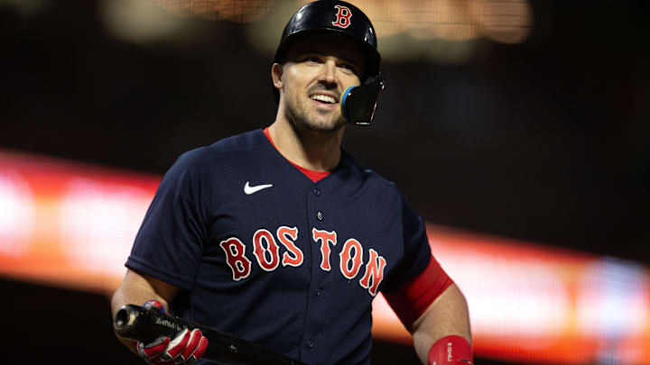 Jul 28, 2023; San Francisco, California, USA; Boston Red Sox center fielder Adam Duvall reacts to