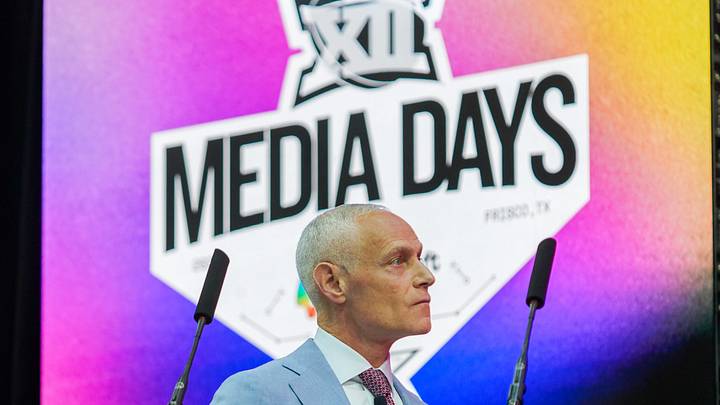 Jul 8, 2025; Frisco, TX, USA; Big 12 Commissioner Brett Yormark addresses the media during the 2025 Big 12 Football Media Days at The Star. Mandatory Credit: Raymond Carlin III-Imagn Images