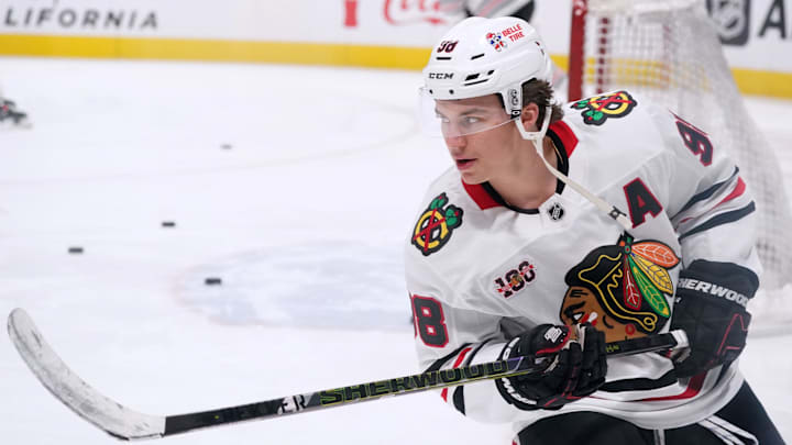 Apr 6, 2026; San Jose, California, USA;  Chicago Blackhawks center Connor Bedard (98) warms up before the game against the San Jose Sharks at SAP Center at San Jose. Mandatory Credit: David Gonzales-Imagn Images