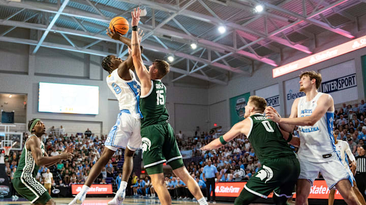 The Michigan State Spartans compete against the North Carolina Tar Heels in the Fort Myers Tip-Off Beach Division game at Suncoast Credit Union Arena on Fort Myers, Fla., on Thursday, Nov. 27, 2025. The Michigan State Spartans compete against the North Carolina Tar Heels in the Fort Myers Tip-Off Beach Division game at Suncoast Credit Union Arena on Fort Myers, Fla., on Thursday, Nov. 27, 2025.