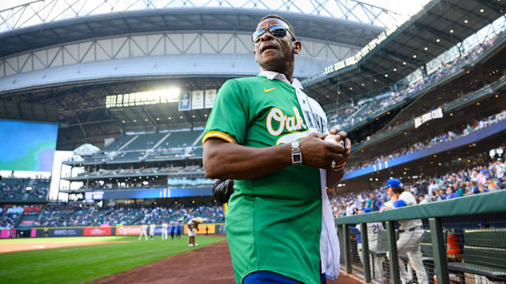 Baseball Hall of Famer Rickey Henderson is pictured after throwing out the first pitch for a game between the Seattle Mariners and Oakland Athletics on Sunday at T-Mobile Park.