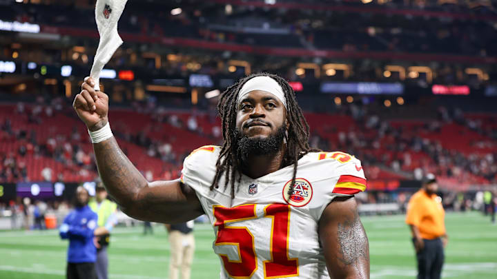 Sep 22, 2024; Atlanta, Georgia, USA; Kansas City Chiefs defensive end Mike Danna (51) celebrates after a victory over the Atlanta Falcons at Mercedes-Benz Stadium. Mandatory Credit: Brett Davis-Imagn Images Sep 22, 2024; Atlanta, Georgia, USA; Kansas City Chiefs defensive end Mike Danna (51) celebrates after a victory over the Atlanta Falcons at Mercedes-Benz Stadium. Mandatory Credit: Brett Davis-Imagn Images