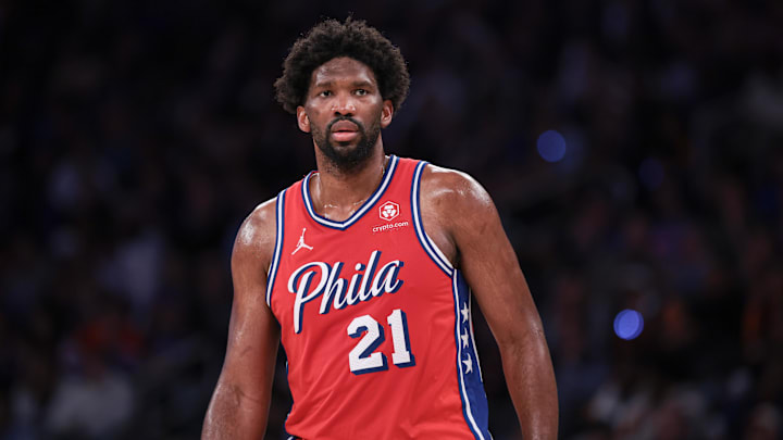 Apr 22, 2024; New York, New York, USA; Philadelphia 76ers center Joel Embiid (21) look up court