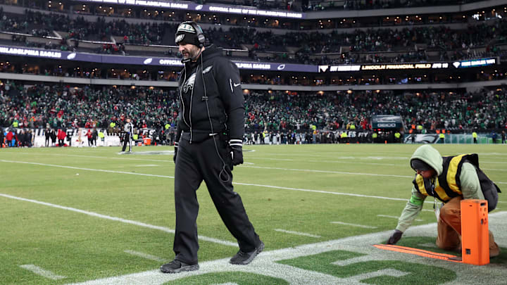 Jan 11, 2026; Philadelphia, PA, USA; Philadelphia Eagles head coach Nick Sirianni looks on during the fourth quarter against the San Francisco 49ers in an NFC Wild Card Round game at Lincoln Financial Field. Mandatory Credit: Bill Streicher-Imagn Images
