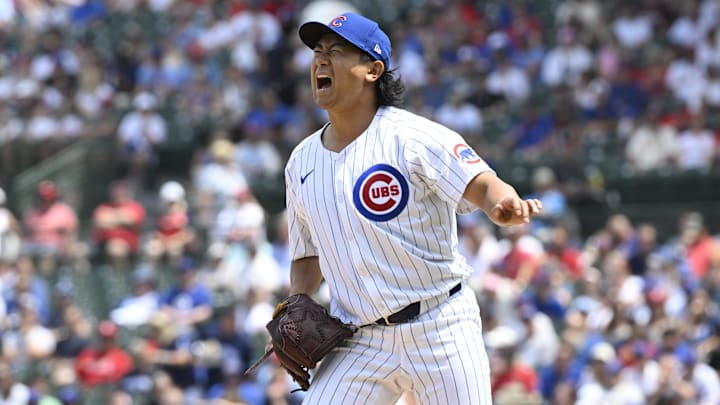 Cubs pitcher Shota Imanaga reacts after delivering a pitch during the first inning against the St. Louis Cardinals at Wrigley Field.