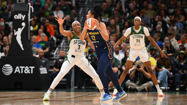 Aug 3, 2025; Seattle, Washington, USA; Seattle Storm forward Nneka Ogwumike (3) guards Indiana Fever forward Damiris Dantas (12) during the second half at Climate Pledge Arena. Mandatory Credit: Steven Bisig-Imagn Images