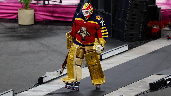 Jan 2, 2026; Miami, Florida, USA; Florida Panthers goaltender Sergei Bobrovsky (72) walks off the ice after the second period in the 2026 Winter Classic ice hockey game against the New York Rangers at loanDepot Park. Mandatory Credit: Rhona Wise-Imagn Images