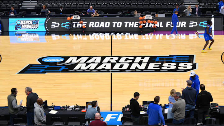 The March Madness logo at Climate Pledge Arena during the Memphis Tigers practice