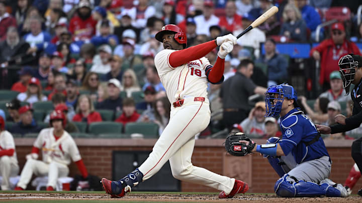 May 2, 2026; St. Louis, Missouri, USA; St. Louis Cardinals right fielder Jordan Walker (18) hits a two-run home run against the Los Angeles Dodgers in the third inning at Busch Stadium. Mandatory Credit: Joe Puetz-Imagn Images