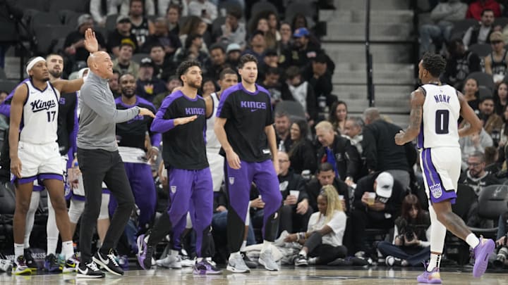 Dec 6, 2024; San Antonio, Texas, USA; Sacramento Kings bench reacts after guard Malik Monk (0) scored during the second half the San Antonio Spurs at Frost Bank Center. Mandatory Credit: Scott Wachter-Imagn Images