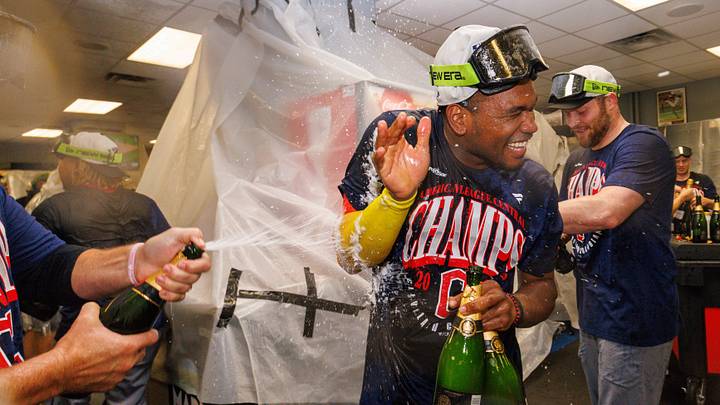 Sep 25, 2026: Cleveland Guardians celebrate in the clubhouse after winning the AL central division championship at Kauffman Stadium.  Credit: William Purnell-Imagn Images