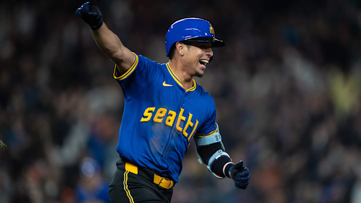 Seattle Mariners shortstop Leo Rivas celebrates after hitting a walk-off single against the San Francisco Giants on Aug. 23 at T-Mobile Park. Seattle Mariners shortstop Leo Rivas celebrates after hitting a walk-off single against the San Francisco Giants on Aug. 23 at T-Mobile Park.