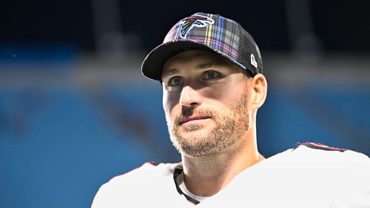 Oct 13, 2024; Charlotte, North Carolina, USA; Atlanta Falcons quarterback Kirk Cousins (18) walks off the field after the game at Bank of America Stadium. Mandatory Credit: Bob Donnan-Imagn Images