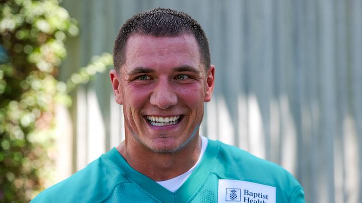 May 8, 2026; Miami Gardens, FL, USA; Miami Dolphins edge Mason Reiger (90) speaks to reporters during rookie minicamp at Baptist Health Training Complex. Mandatory Credit: Sam Navarro-Imagn Images