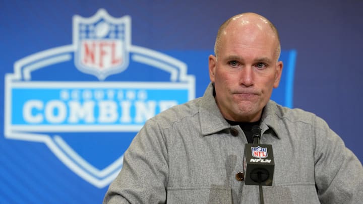 Feb 24, 2026; Indianapolis, IN, USA; Baltimore Ravens general manager Eric DeCosta speaks at the NFL Scouting Combine at the Indiana Convention Center. Mandatory Credit: Kirby Lee-Imagn Images
