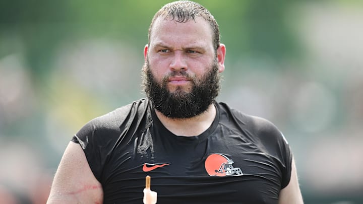 Jul 26, 2025; Berea, OH, USA; Cleveland Browns guard Joel Bitonio (75) during training camp at CrossCountry Mortgage Campus. Mandatory Credit: Ken Blaze-Imagn Images