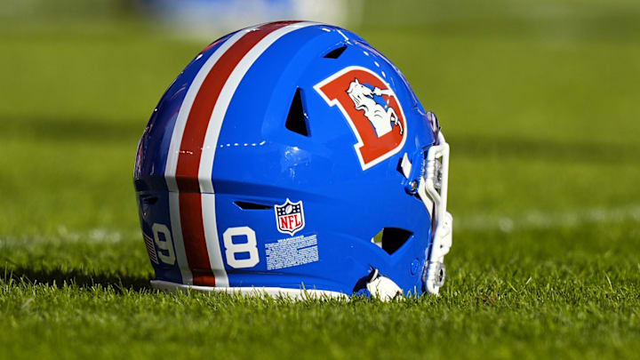 Jan 5, 2025; Denver, Colorado, USA; General view of the helmet worn by Denver Broncos defensive end John Franklin-Myers (98) (not pictured) before the game against the Kansas City Chiefs at Empower Field at Mile High. 