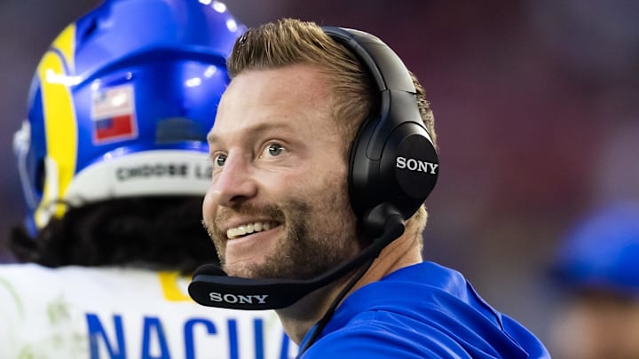 Dec 7, 2025; Glendale, Arizona, USA; Los Angeles Rams head coach Sean McVay against the Arizona Cardinals at State Farm Stadium. Mandatory Credit: Mark J. Rebilas-Imagn Images