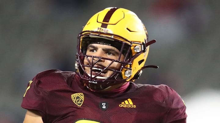 Dec 11, 2020; Tucson, Arizona, USA; Arizona State Sun Devils offensive lineman Dohnovan West (61) against the Arizona Wildcats during the Territorial Cup at Arizona Stadium. Mandatory Credit: Mark J. Rebilas-Imagn Images