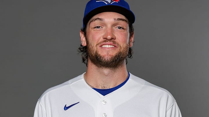 Feb 20, 2026; Dunedin, FL, USA; Toronto Blue Jays pitcher Trey Yesavage (39) poses for a photo during media day at the Player Development Complex.