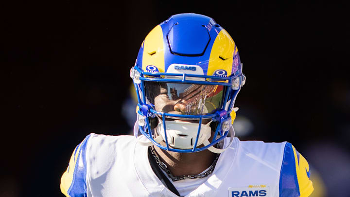 November 9, 2025; Santa Clara, California, USA; Los Angeles Rams cornerback Roger McCreary (25) before the game against the San Francisco 49ers at Levi's Stadium. Mandatory Credit: Kyle Terada-Imagn Images