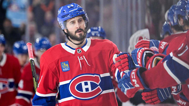 Apr 7, 2026; Montreal, Quebec, CAN; Montreal Canadiens forward Philip Danault (24) celebrates with teammates after scoring a goal against the Florida Panthers during the third period at the Bell Centre. Mandatory Credit: Eric Bolte-Imagn Images
