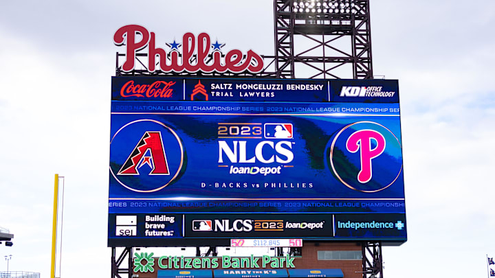 Oct 15, 2023; Philadelphia, PA, USA; Graphics on the large scoreboard during workouts before the
