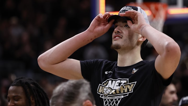 Mar 31, 2024; Detroit, MI, USA; Purdue Boilermakers center Zach Edey (15) celebrates defeating the