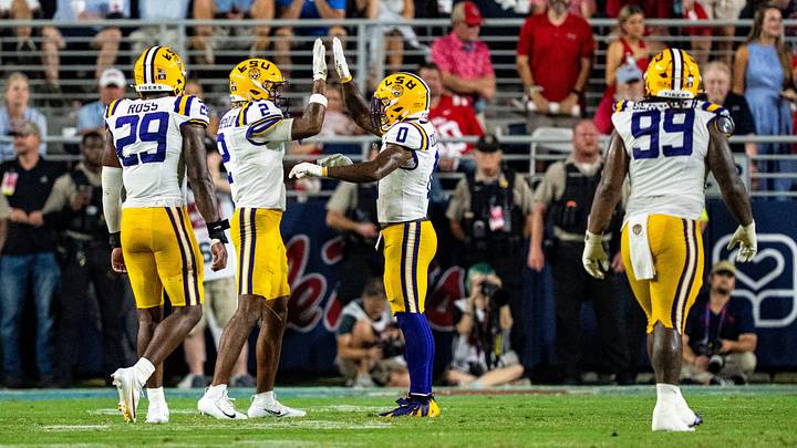 LSU safety Ty Benefield (2) and safety Tamarcus Cooley (0) celebrate during a college football game between Ole Miss and LSU at Vaught Hemingway Stadium in Oxford, Miss., on Saturday, Sept. 19, 2026. Ole Miss defeated LSU 32-24.